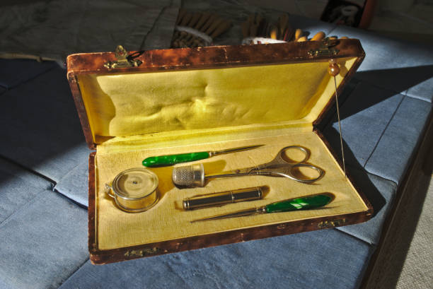 old box, necessary sewing in its wooden box.. antiquity. old box, wooden box, sewing necessary. lacemaking photos stock pictures, royalty-free photos & images