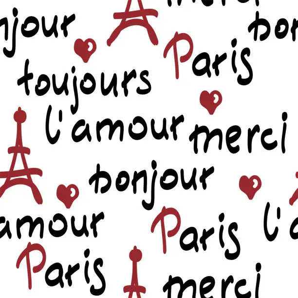 Vector illustration of vector seamless pattern with handwritten french words. brush calligraphy.  Paris, toujours l'amour, merci, bonjour words.