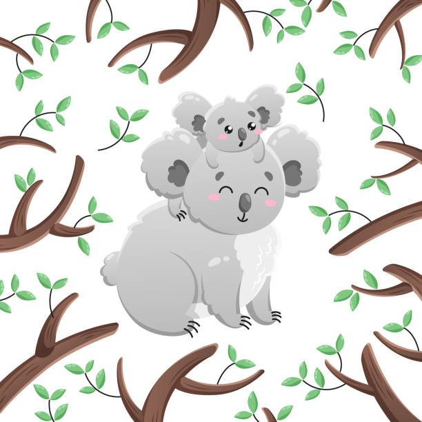 ilustrações de stock, clip art, desenhos animados e ícones de vector cartoon koalas among the leaves and branches. mom and child. doodle illustration. funny happy animal. template for print, cards, textiles, clothing, design. - koala young animal australia mother