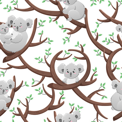 Funny Seamless Pattern With Cartoon Koalas Template For Design Print  Packaging Wallpaper Vector Doodle Texture Stock Illustration - Download  Image Now - iStock