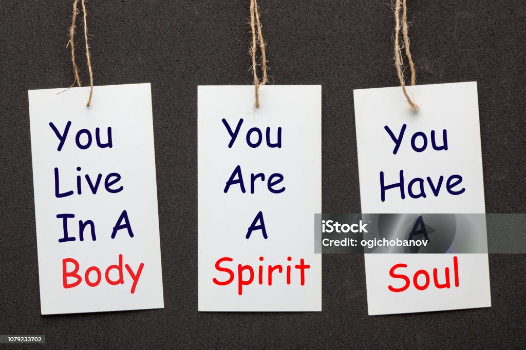 Body, Soul and Spirit Body, Soul and Spirit paper labels set on black background. Business concept Spirituality Stock Photo