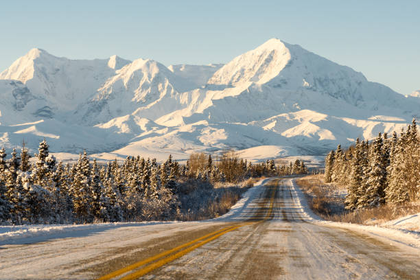 alaska remote winter highway con montagne - alaska landscape scenics wilderness area foto e immagini stock