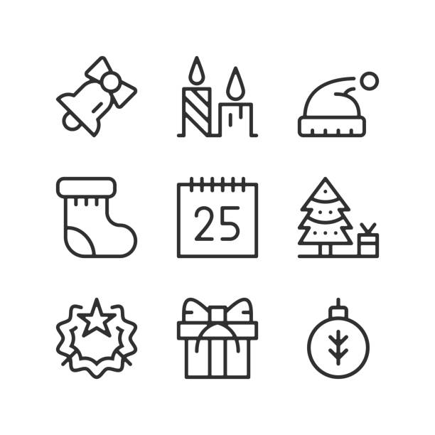 illustrations, cliparts, dessins animés et icônes de icônes de noël ligne définie. un aperçu des éléments, signes linéaires, collection de symboles simples. concepts de design graphique moderne. icônes de vecteur ligne - party hat silhouette symbol computer icon