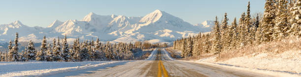 panorama delle montagne autostradali invernali dell'alaska - alaska landscape scenics wilderness area foto e immagini stock
