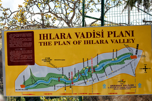 Cappadocia, Turkey, May 2, 2013: Tourist sign with map of the spectacular Ihlara Valley in the Cappadocia region of Turkey