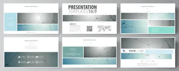 Vector illustration of Business templates in HD format for presentation slides. Vector layouts in flat design. Geometric background, connected line and dots. Molecular structure. Scientific, medical, technology concept.