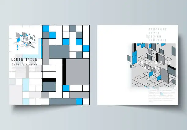 Vector illustration of The minimal vector layout of two square format covers design templates for brochure, flyer, magazine. Abstract polygonal background, colorful mosaic pattern, retro bauhaus de stijl design.