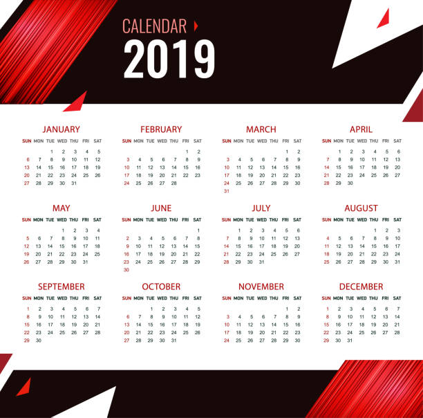 istock Modern calendar template for 2019 years. Bright abstract background top. Week starts from Sunday. 1079253288