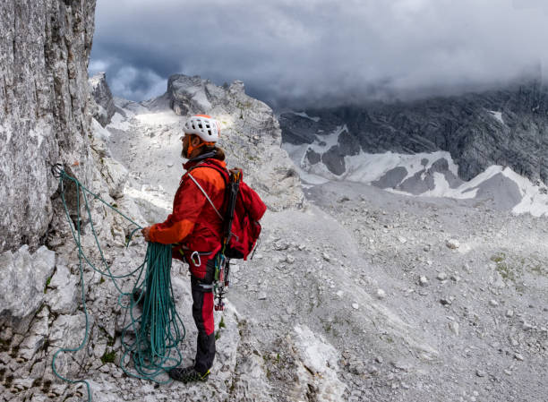 istock Climber on a stand in high alpine terrain 1079258674
