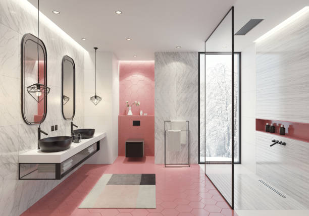 istock Contemporary bathroom with light pink honeycomb tiles 1079261404
