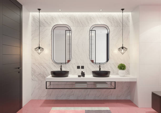 istock Contemporary bathroom with light pink honeycomb tiles 1079261420
