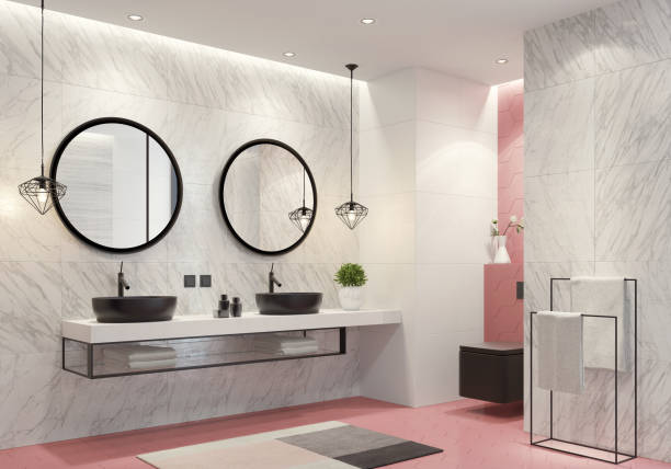 istock Contemporary bathroom with light pink honeycomb tiles 1079261620