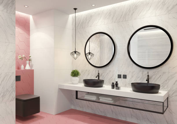 istock Contemporary bathroom with light pink honeycomb tiles 1079261722