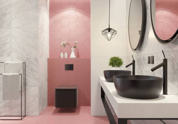 istock Contemporary bathroom with light pink honeycomb tiles 1079261768