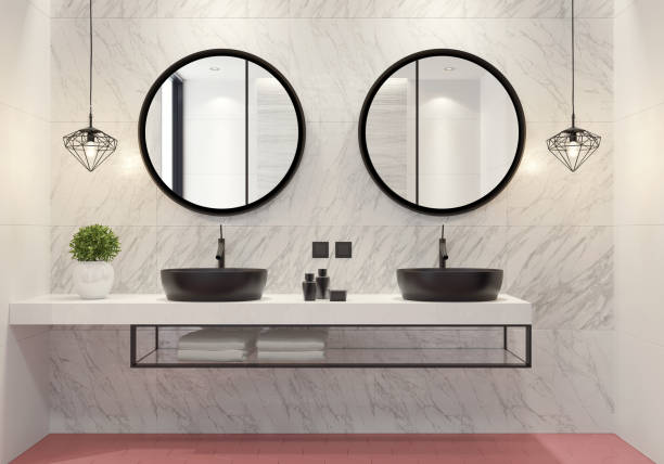 nowoczesna łazienka z jasnoróżowymi płytkami o strukturze plastra miodu - bathroom black faucet zdjęcia i obrazy z banku zdjęć