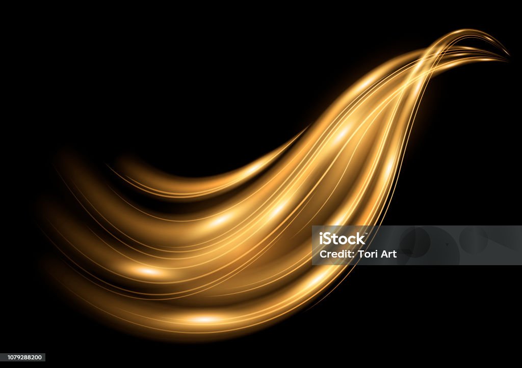 Motion golden wave. Isolated abstract trail, track with light effect Motion golden wave. Isolated abstract trail, track with light effect. Vector transparent element on black backgraund Gold - Metal stock vector