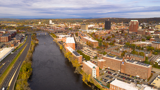 The highway runs next to the Merrimack River in the downtown urban core of Manchester New Hampshire