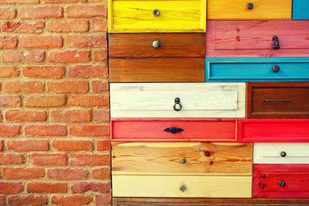 istock Colorful Wooden Drawer and Brick Wall 1079316676