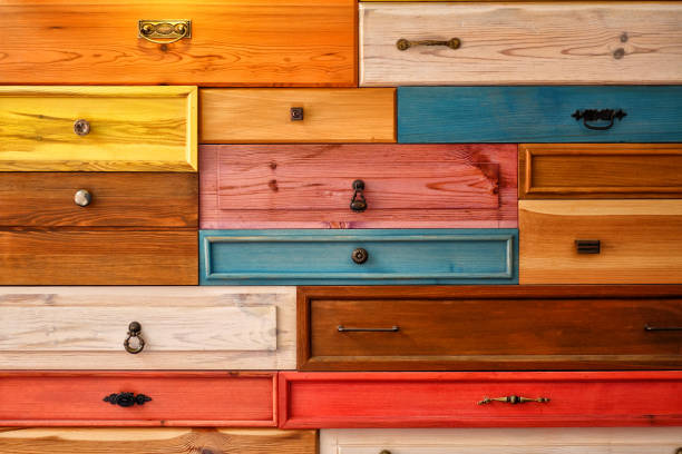 Colorful Wooden Drawer Colorful Wooden Drawer, Abstract Decorative Design on Wall red kitchen cabinets stock pictures, royalty-free photos & images