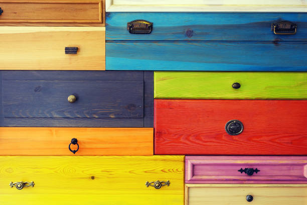 Colorful Wooden Drawer, Abstract Decorative Design on Wall
