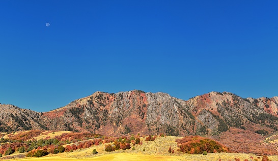 Box Elder Canyon landscape views, popularly known as Sardine Canyon, North of Brigham City within the western slopes of the Wellsville Mountains, by Logan in Cache County a branch of the Wasatch Range of the Rocky Mountains in Utah, in the Western United States