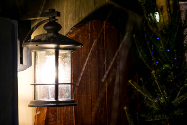 Outdoor lantern in Christmas market on a cold day of winter at Atwater Market, Montreal, Canada