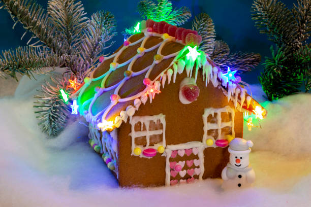 istock Gingerbread House with Christmas Lights and Snowman 1079326758
