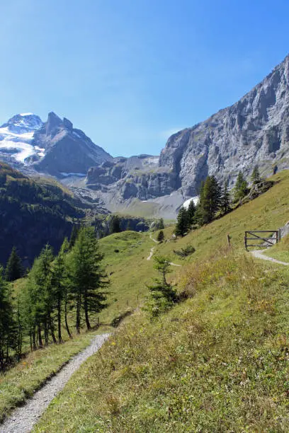 A remote hiking path in the Upper Lauterbrunnen Valley, Bernese Alps, Switzerland