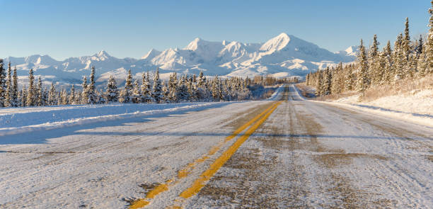 istock Remote Alaska Highway With Winter Mountain Panorama 1079347600