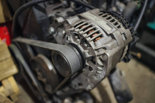 istock Grungy alternator on engine with belt on 1079355218