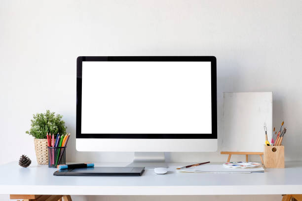 istock Workplace mockup concept. Mock up desktop computer with graphic designer  workplace. Artist workspace with copy space for products display montage.Mockup desktop. 1079402118