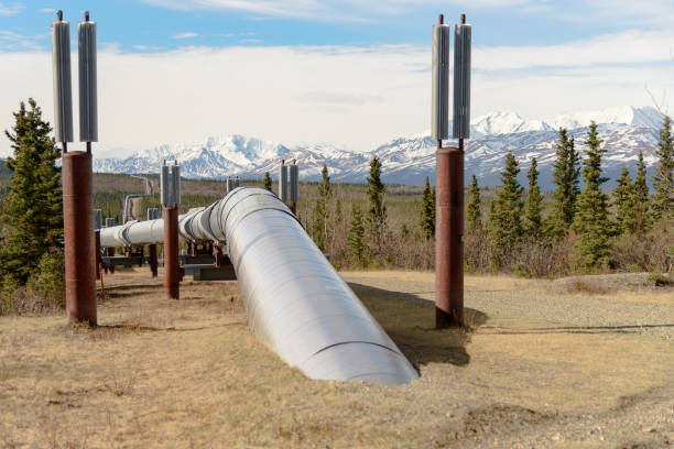 istock Pipeline Closeup in Spring with Snow-Capped Mountains 1079403396
