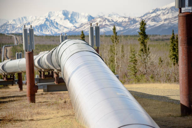 istock Pipeline Close Up in Spring Climbing Mountain in Background 1079408526