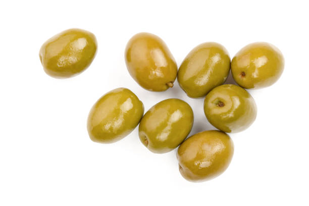 istock Green olives isolated on a white background. Top view. Flat lay 1079427084
