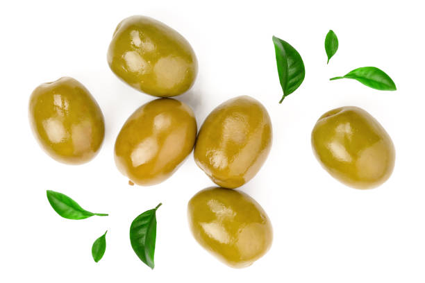 istock Green olives isolated on a white background. Top view. Flat lay 1079427104