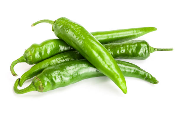 istock green hot chili peppers isolated on white background. Top view. Flat lay pattern 1079428150