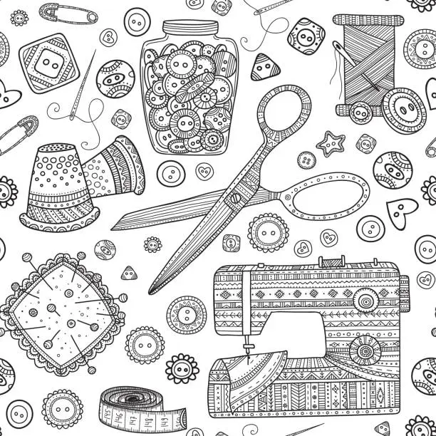 Vector illustration of Vector seamless pattern with needlework tools, sewing theme.