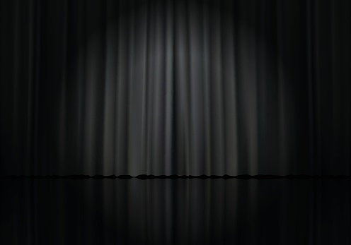 Closed black curtains with folds background. Theatrical drapes. Vector illustration.