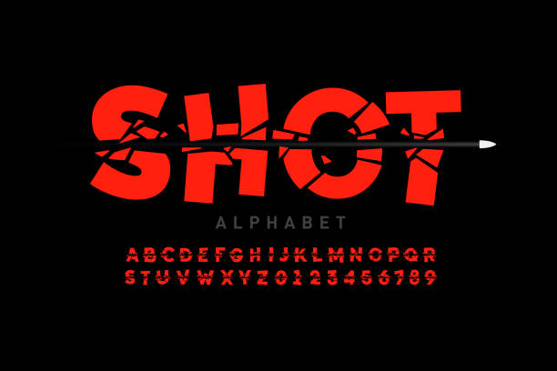 bullet shot schriftart - trefferversuch stock-grafiken, -clipart, -cartoons und -symbole