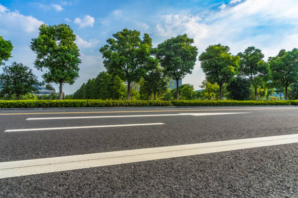 istock Asphalt road and green trees under blue sky 1079485740