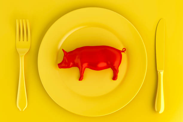 istock Red pig on a plate. Vegetarian concept. 3D illustration 1079489568