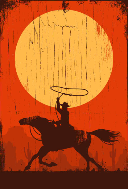 실루엣 벡터 나무 기호에 석양에 말을 타고 카우보이의 - rodeo cowboy horse silhouette stock illustrations
