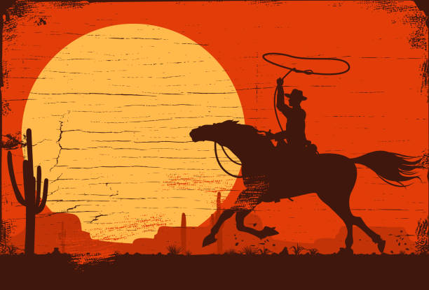 silhouette eines cowboys reiten bei sonnenuntergang auf einem holzschild, vektor - rodeo lasso cowboy horse stock-grafiken, -clipart, -cartoons und -symbole
