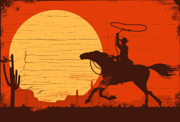 실루엣 벡터 나무 기호에 석양에 말을 타고 카우보이의 - rodeo cowboy horse silhouette stock illustrations