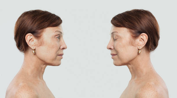 istock Mature woman portrait. Two faces, profile 1079498380