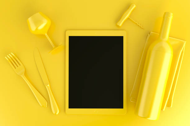 istock Table setting with tablet computer, glass and wine bottle. Top view. 3D illustration 1079511658