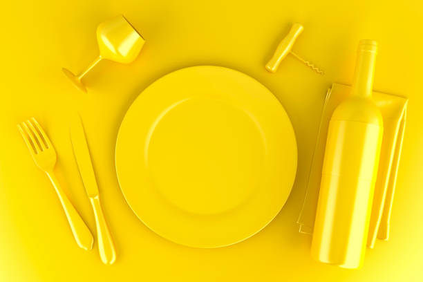 Table setting with plate, wine glass, wine bottle and corkscrew. Top view. 3D illustration.
