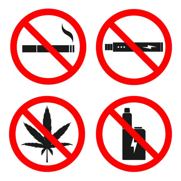 Vector illustration of NO SMOKING, NO VAPING, NO HEMP sign. Vector