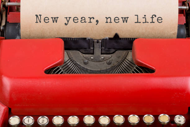 istock Red vintage typewriter with text 