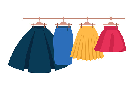 Set Vector Women's High Waisted Street Skirt Skater Pleated Full Midi Skirts on the hanger. four colored skirts on hangers.Clothing for women and girls.illustration isolated from white background